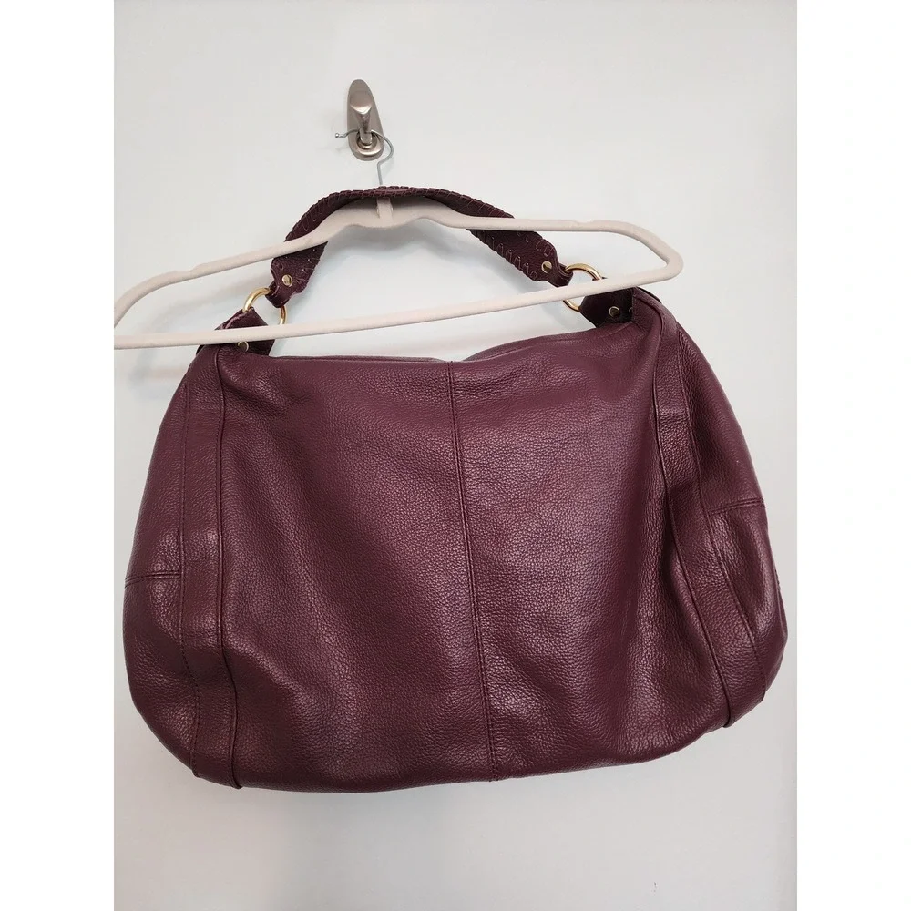 Onna Ehrlich Plum Pebbled Leather Hobo Bag Whipstitch Tassel Gold Hardware